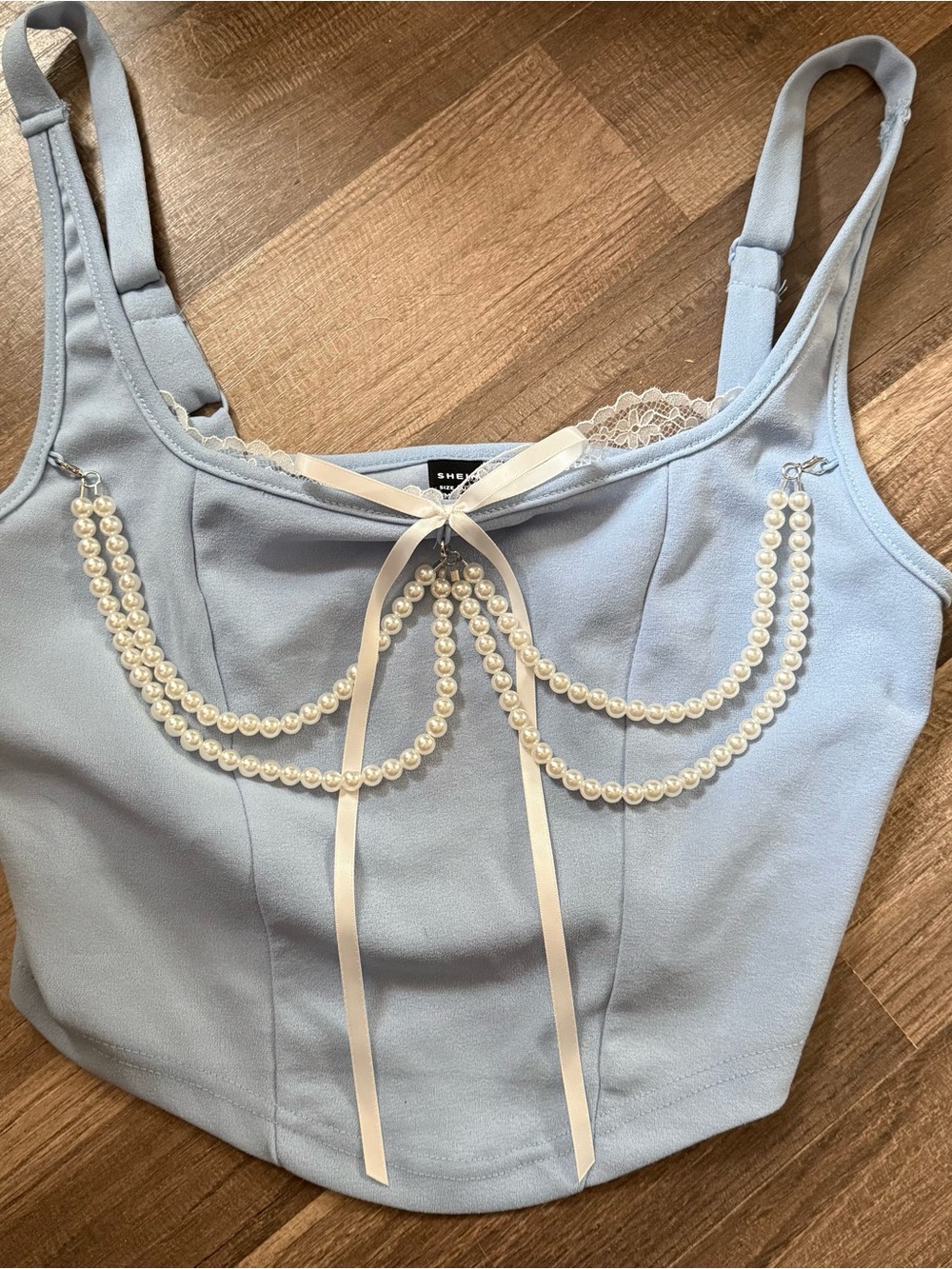 SHEIN Light Blue Pearl-Embellished Satin Bow Cropped Cami